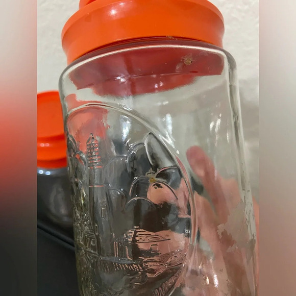 Set of 2 Anchor Hocking Glass Tang Jar Orange Lid Lighthouse Storage Canister - Picture 5 of 12